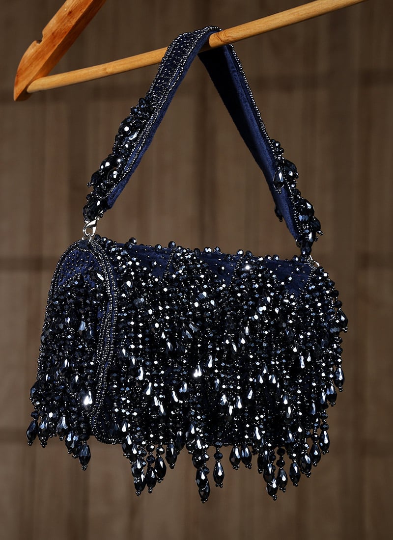 Party Collection Black Velvet Beads And Moti Embossed Clutch Party Wear