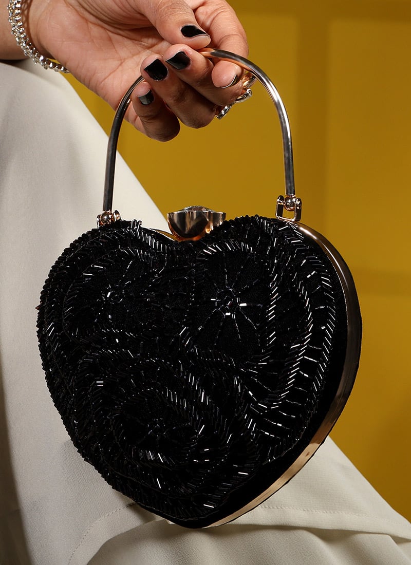 Party Collection Heart Shaped Black Velvet Crystal Embossed Cut Dana Work Clutch Party Wear