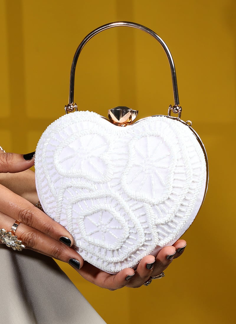 Party Collection Heart Shaped White Velvet Crystal Embossed Cut Dana Work Clutch Party Wear