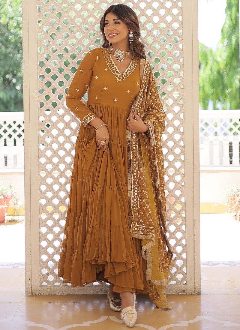 Party Wear Mustard Faux Georgette Embroidered Anarkali Gown Party Wear-BGWRSPRT21690