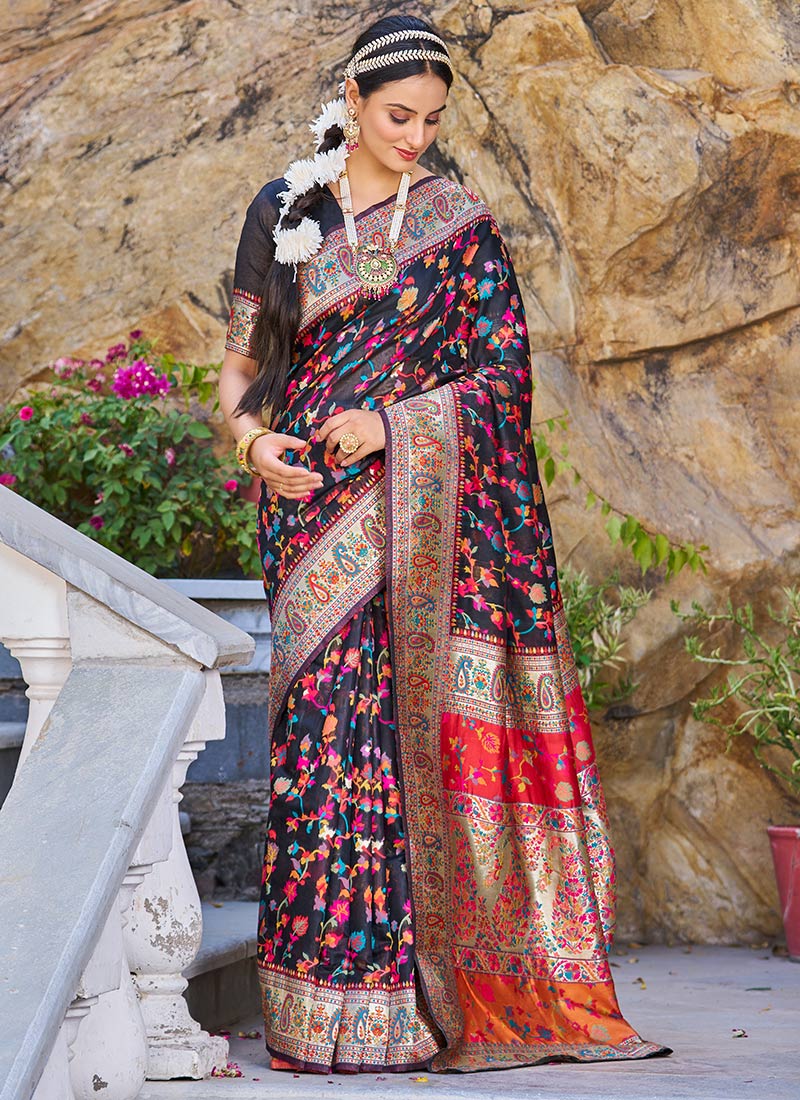 Pashmina Zari Embossed Cotton Black Saree Festive Wear-SASVS010KSBK