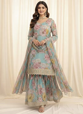 Pastel Blue Faux Georgette Floral Digital Printed Sharara Suit Set