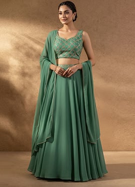 Pastel Georgette Hand Embroidered Beads Work Lehenga Set