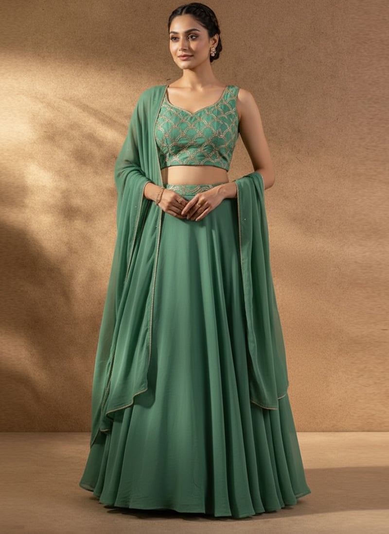 Pastel Georgette Hand Embroidered Beads Work Lehenga Set Wedding Wear