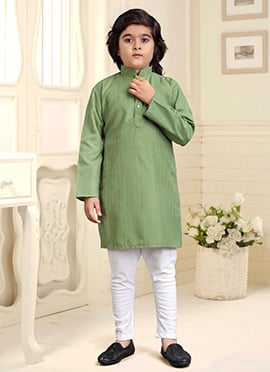 Pastel Green Cotton Kids Kurta Pyjama Set With Subtle Zari Work