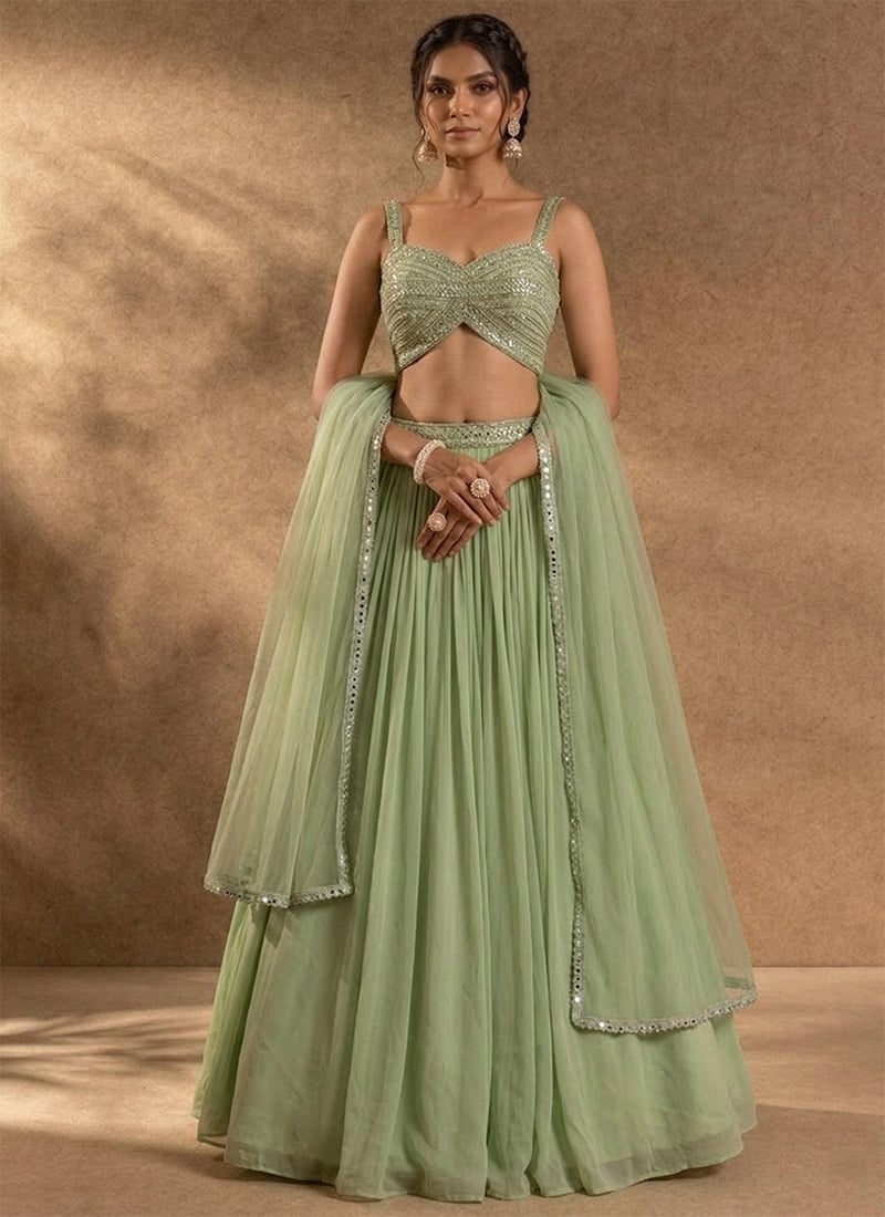 Pastel Green Georgette Hand Embroidered Sequins Lehenga Wedding Wear