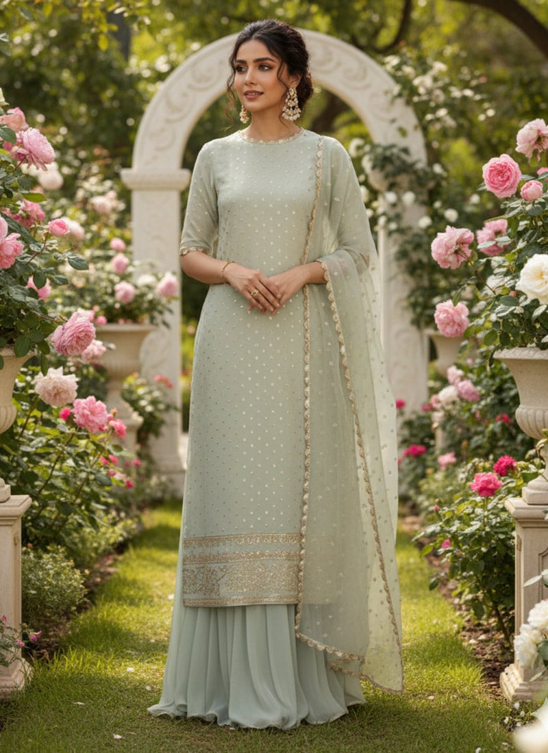 Pastel Green Georgette Zari Sequins Palazzo Suit Festive Wear