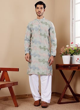 Pastel Green Linen Embroidered Kurta Pyjama