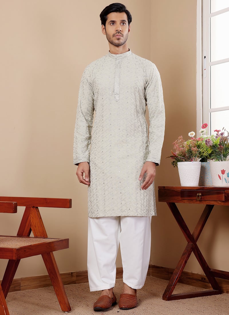 Pastel Green Linen Embroidered Kurta Pyjama