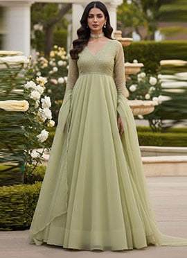 Pastel Green Organza Zari Sequins Resham Anarkali Suit