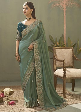 Pastel Green Upada Silk Zari Sequins Embroidered Saree