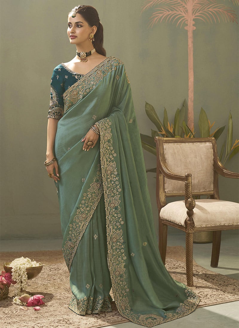 Pastel Green Upada Silk Zari Sequins Embroidered Saree Wedding Wear