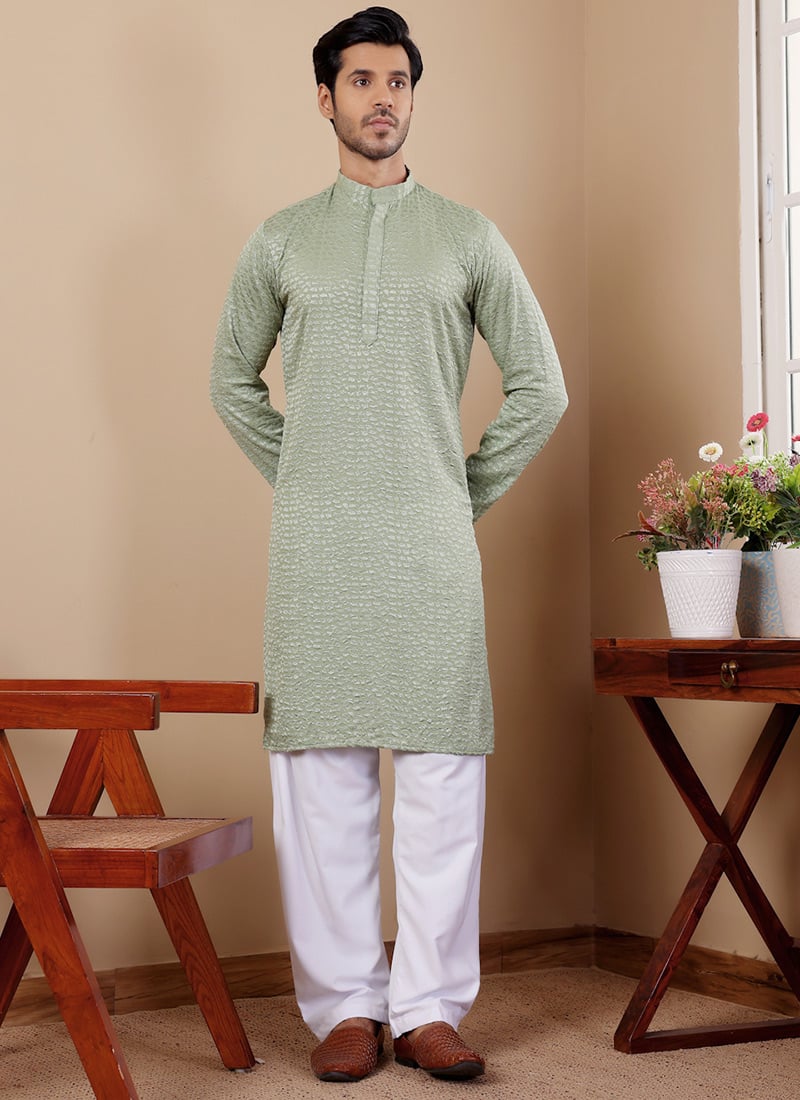 Pastel Green Viscose Chikankari Embroidery Kurta Pyjama Festive Wear