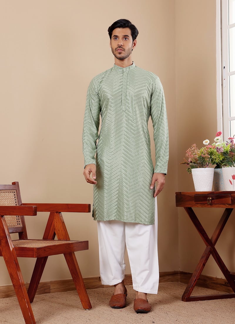 Pastel Green Viscose Embroidered Chikankari Work Kurta