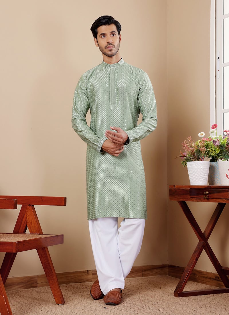Pastel Green Viscose Embroidered Chikankari Work Kurta