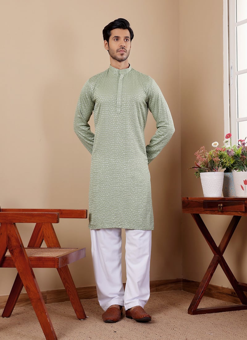 Pastel Green Viscose Embroidered Chikankari Work Kurta