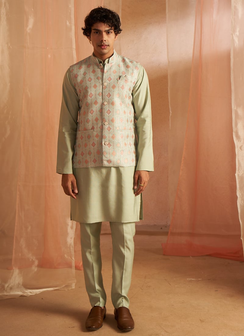Pastel Green Viscose Embroidered Woven Bandi Set