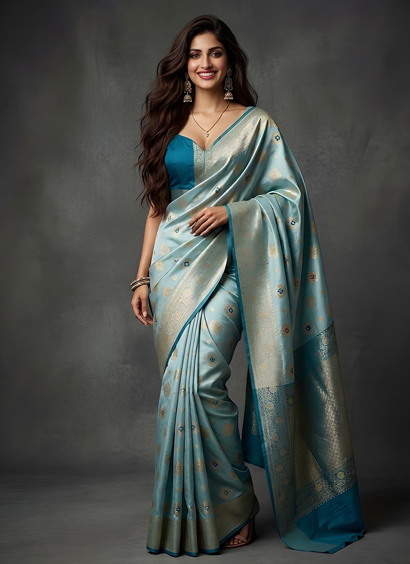 Pastel Ice Blue Banarasi Silk Zari Woven Saree Festive Wear