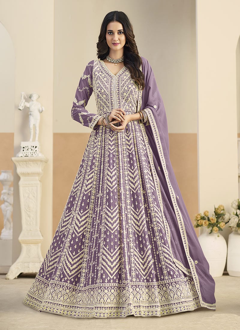 Pastel Lavender Georgette Zari Embroidered Sequins A Line Anarkali Suit Festive Wear