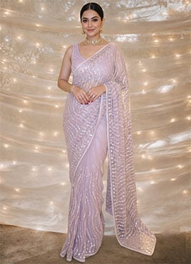 Pastel Lilac Net Beads Embroidered Sequins Saree