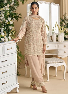 Pastel Mauve Georgette Beads Sequins Straight Pant Suit  Festive Wear