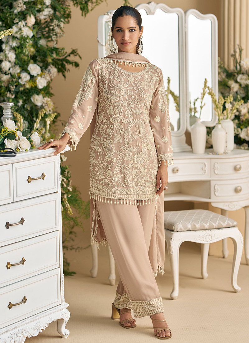 Pastel Mauve Georgette Beads Sequins Straight Pant Suit Festive Wear
