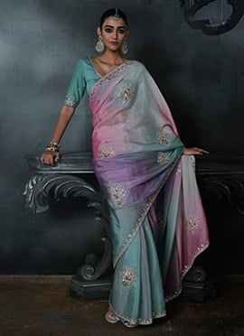 Pastel Multicolor Tissue Silk Zari Embroidery Sequins Stone Work Saree