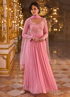 Pastel Pink Beads Sequins Embroidered Faux Georgette Anarkali Suit