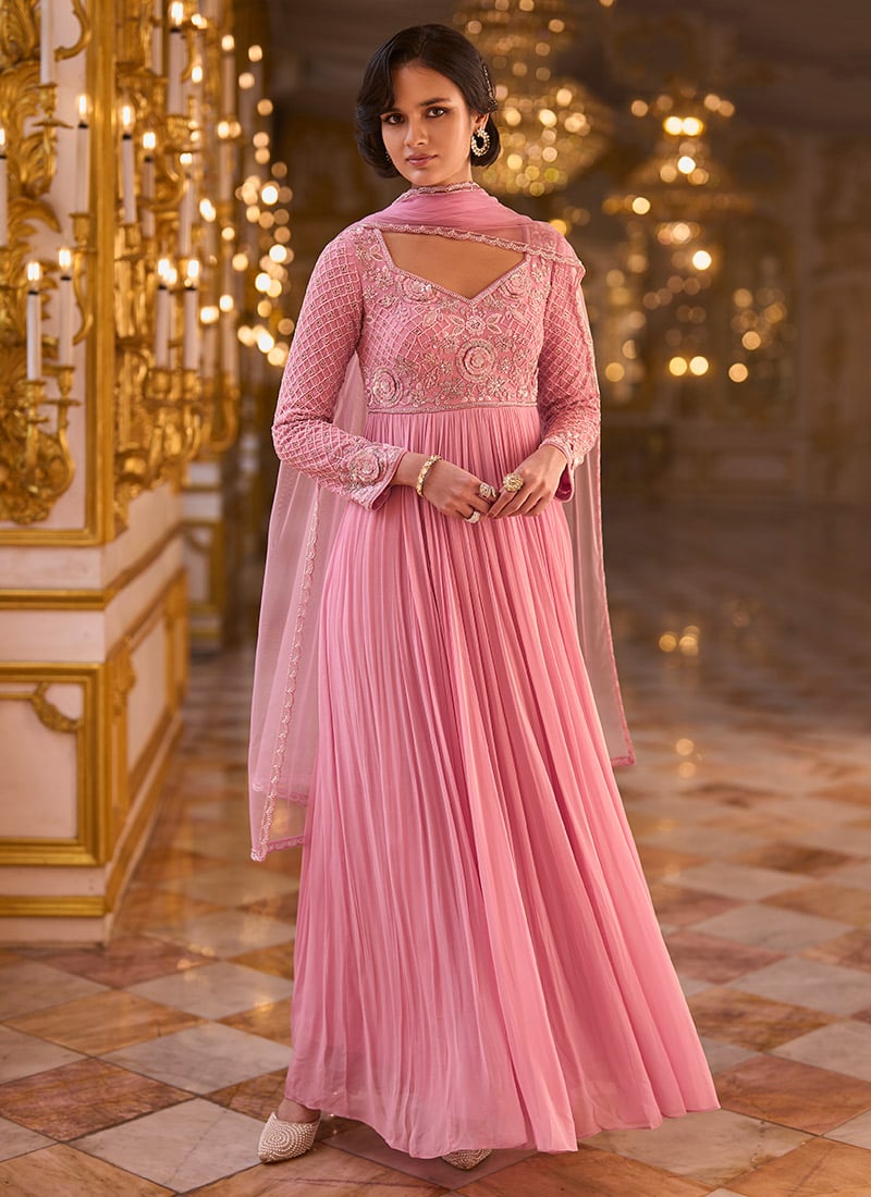 Pastel Pink Beads Sequins Embroidered Faux Georgette Anarkali Suit Wedding Wear