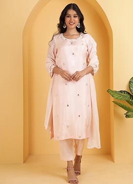 Pastel Pink Georgette Kundan Moti Work Palazzo Suit