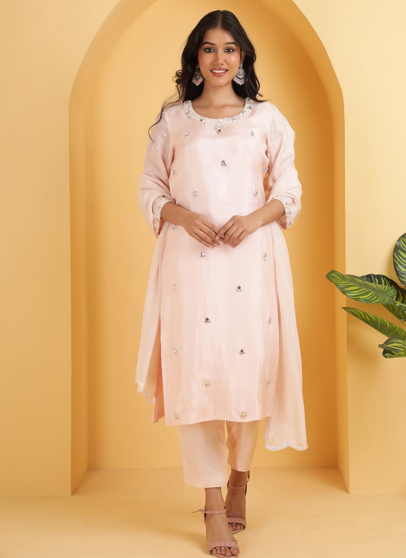Pastel Pink Georgette Kundan Moti Work Palazzo Suit Festive Wear