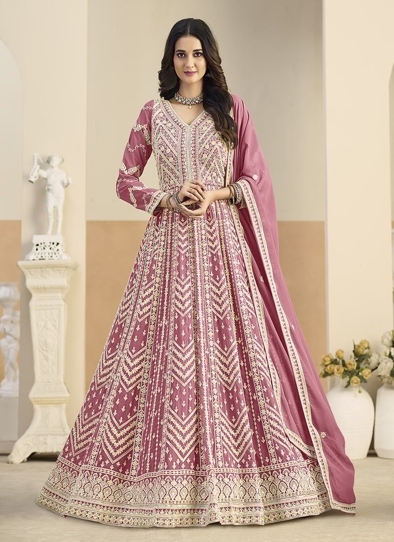 Pastel Pink Georgette Zari Embroidered Sequins A Line Anarkali Suit Festive Wear