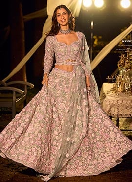 Pastel Pink Net Hand Embroidered Beads Mirror Work Umbrella Lehenga