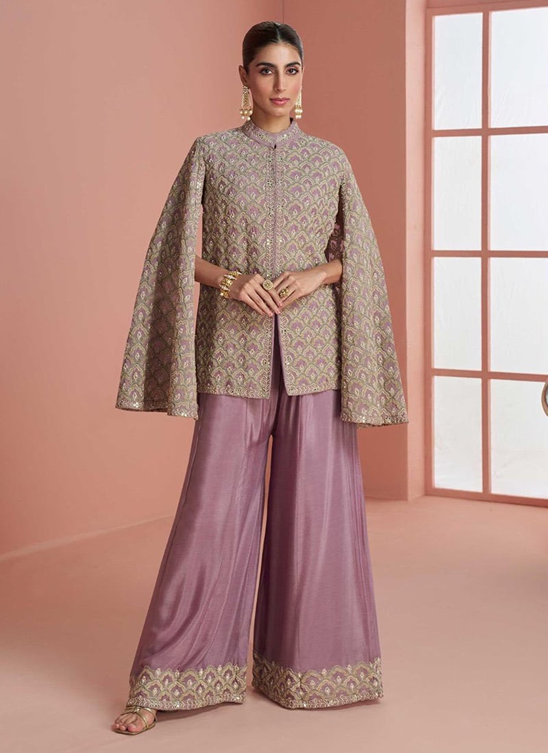 Pastel Purple Chinon Silk Sequins Embroidered Zari Indowestern Set and Suit Festive Wear