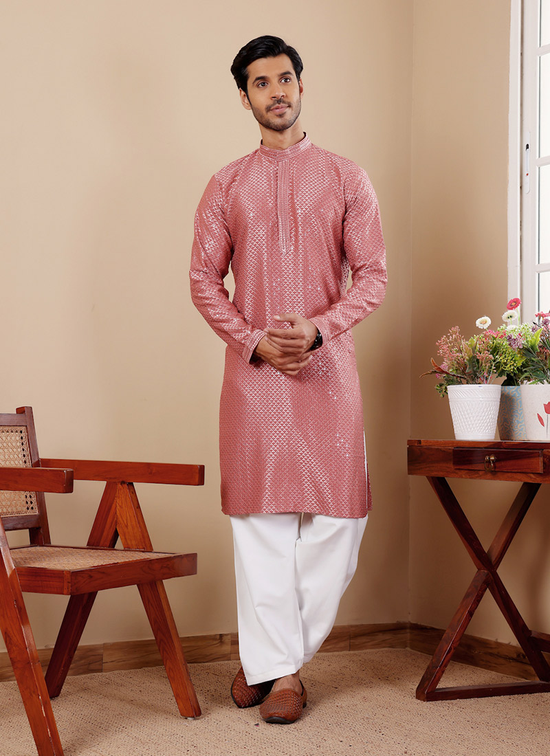 Pastel Red Viscose Embroidered Chikankari Work Kurta