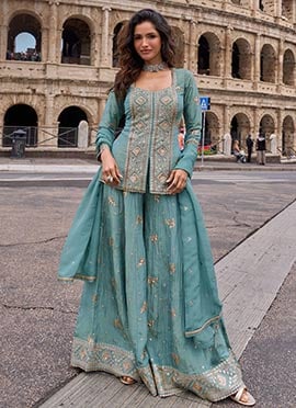 Pastel Slate Blue Chinon Silk Embroidered Sequins Zari Palazzo Suit