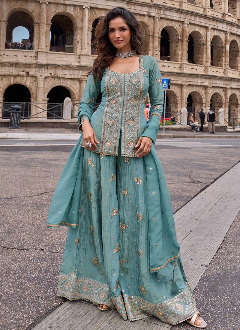 Pastel Slate Blue Chinon Silk Embroidered Sequins Zari Palazzo Suit Festive Wear