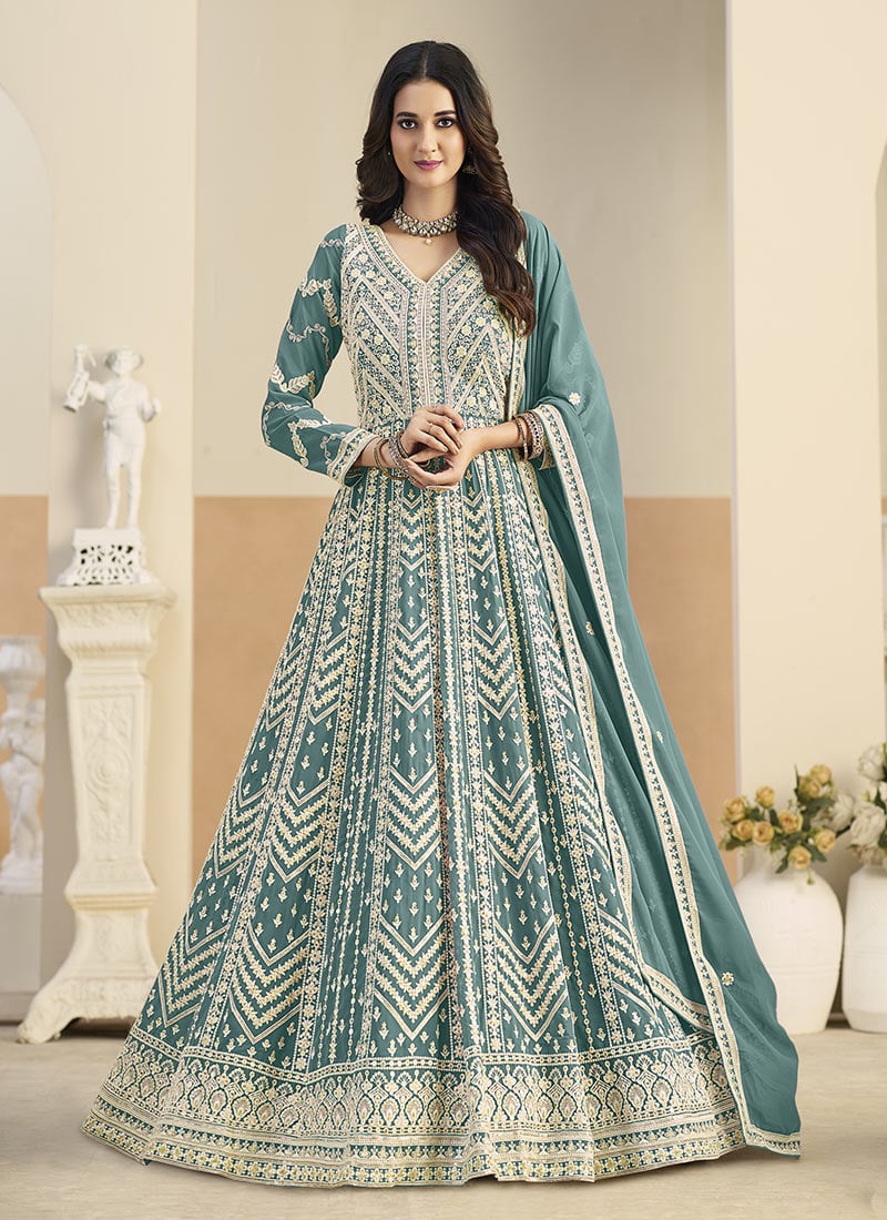 Pastel Teal Georgette Zari Embroidered Sequins A Line Anarkali Suit Festive Wear