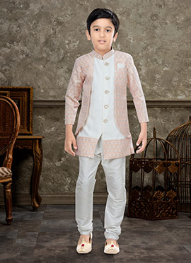 Peach And Off White Art Silk Jacquard Indowestern Sherwani