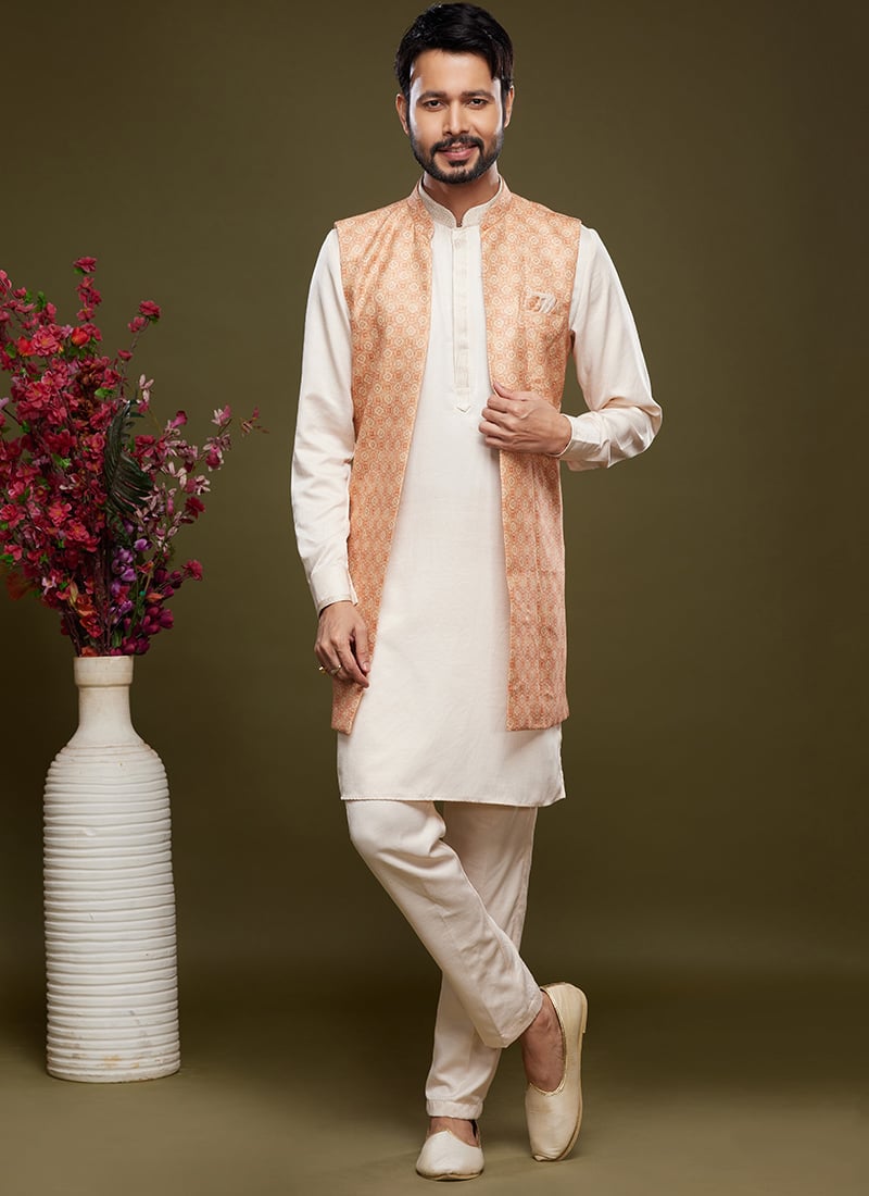 Peach Art Silk Banarasi Bandi Set Festive Wear
