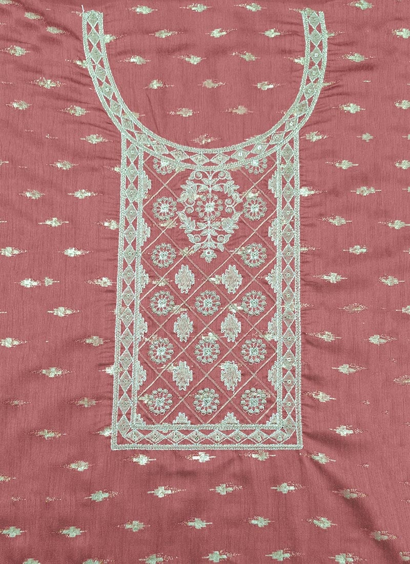 Peach Art Silk Embroidered Fabric