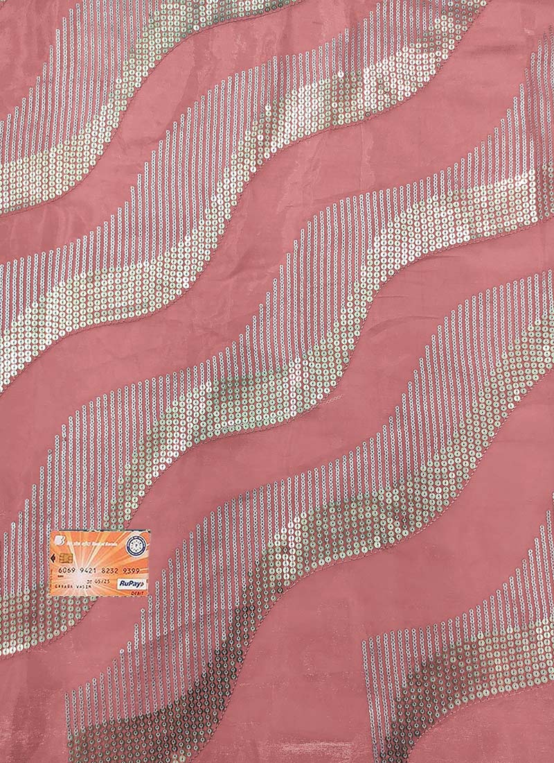 Peach Art Silk Embroidered Fabric