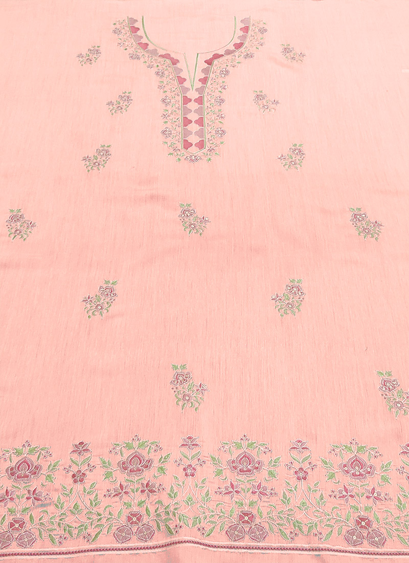 Peach Art Silk Embroidered Fabric