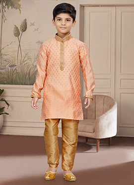 Peach Art Silk Embroidered Kurta Pyjama For Boys