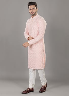 Peach Art Silk Embroidered Kurta Pyjama