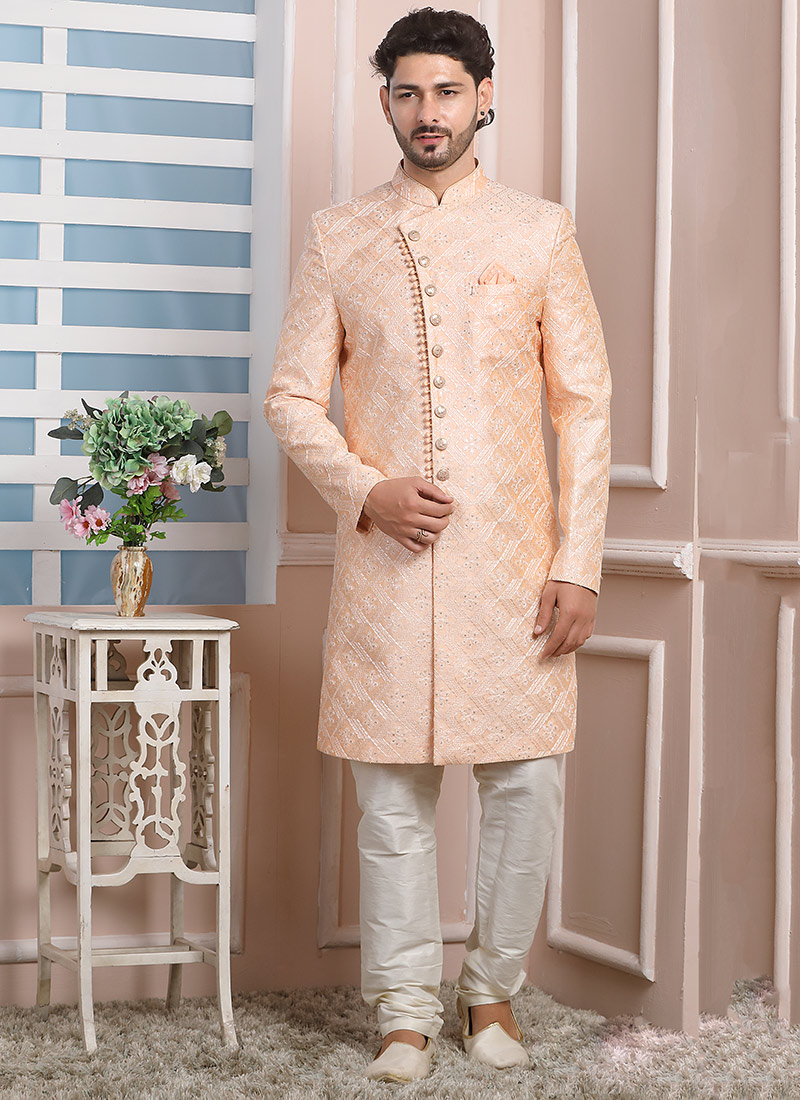 Peach Silk Embroidered Indo-Western Set main image 1