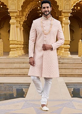 Peach Art Silk Hand Embroidered Sherwani