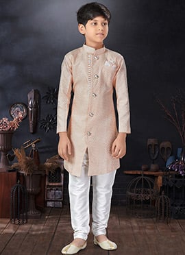 Peach Art Silk Jacquard Kids Boys Indowestern Sherwani