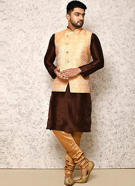 Peach Art Silk Jacquard Work Bandi Set