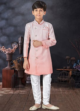 Peach Art Silk Kids Boys Indowestern Sherwani